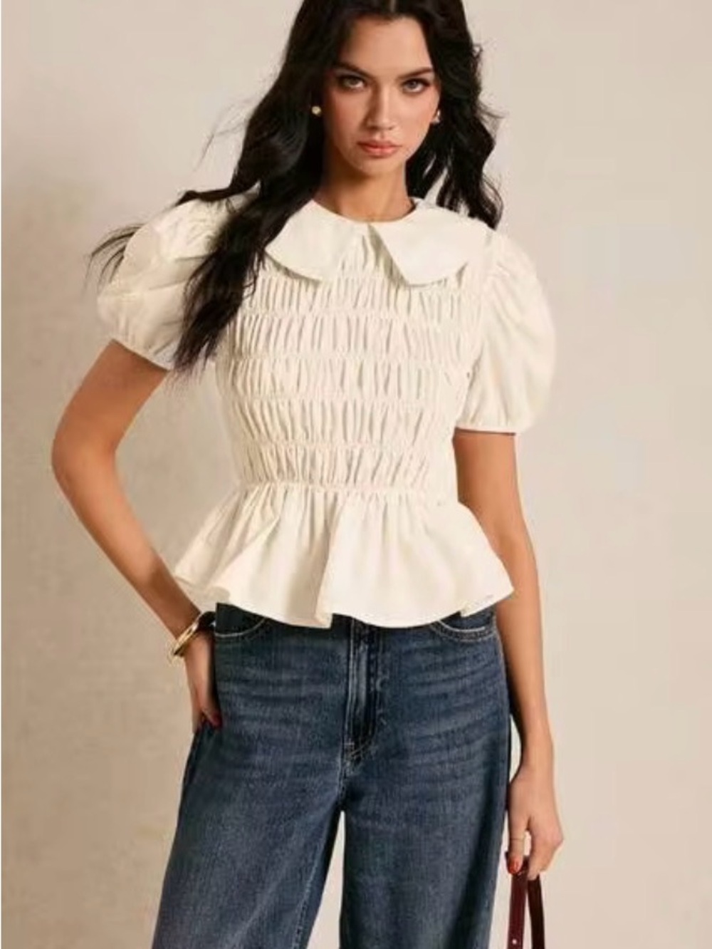 NWT Poeselle Off-White Puffy Sleeve Blouse with Peter Pan Collar